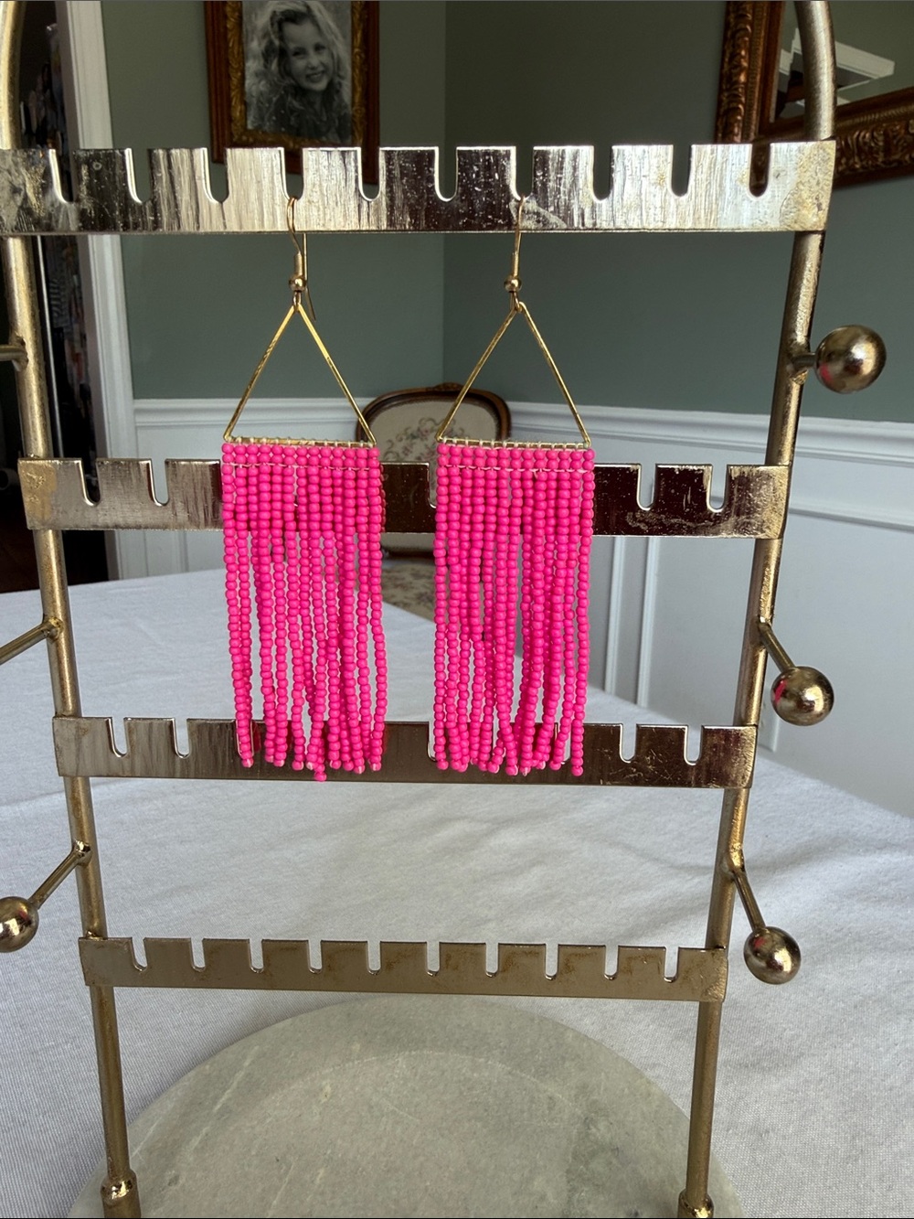 Gold-Accented Hot Pink Beaded Fringe Earrings